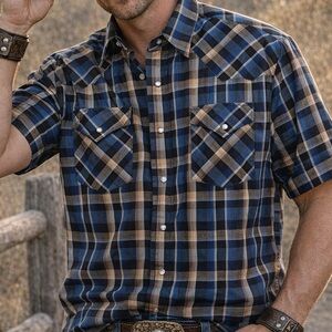 Ely Cattleman Plaid Pearl Snap Western Button Down Short Sleeve Shirt